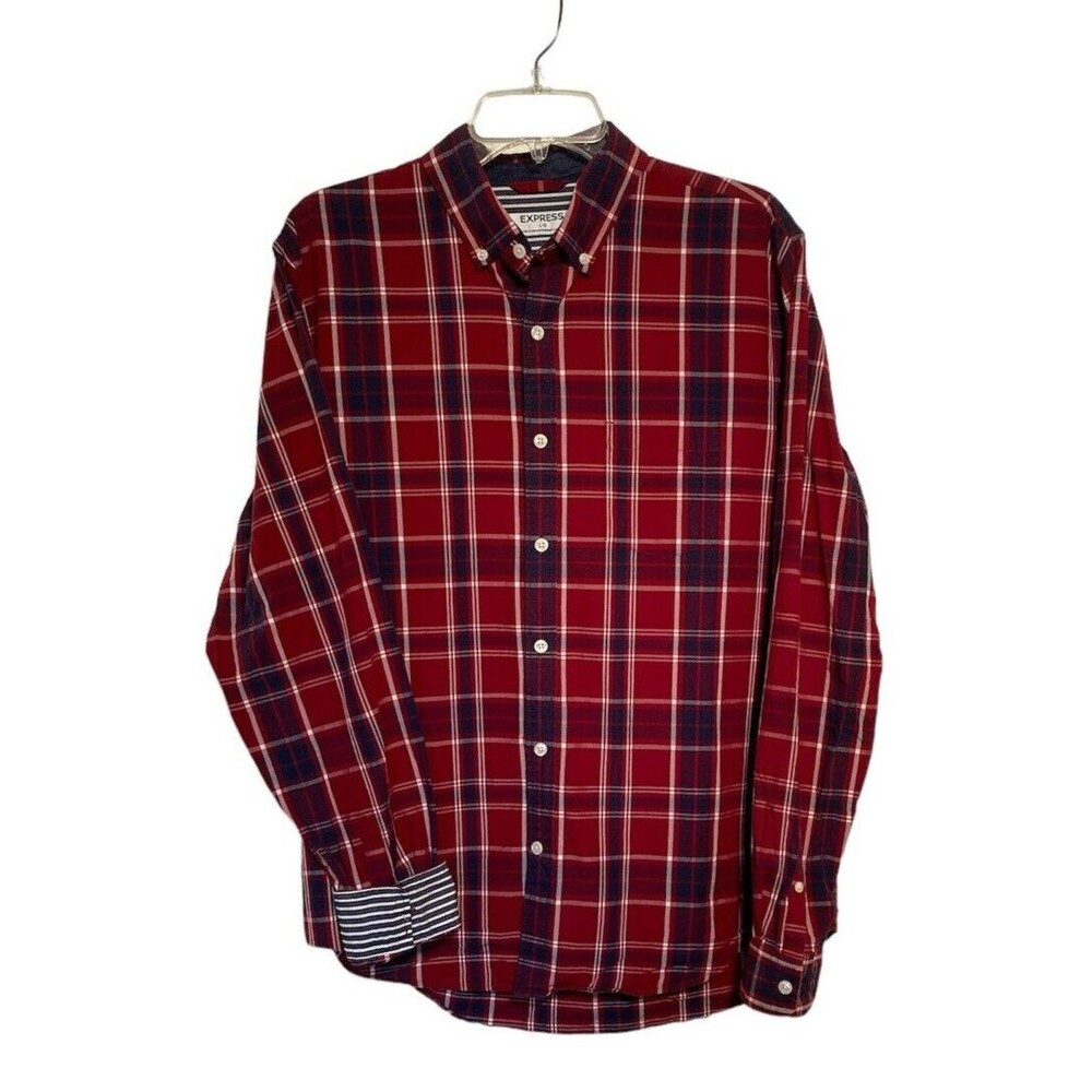 Express Mens L Red Blue Plaid Button Down Shirt 100% Cotton Lightweight Casual